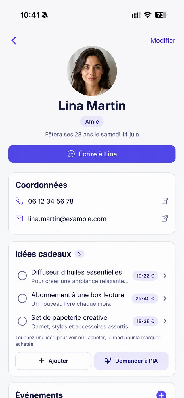 Fiche contact Birth Reminder avec idées cadeaux fictives