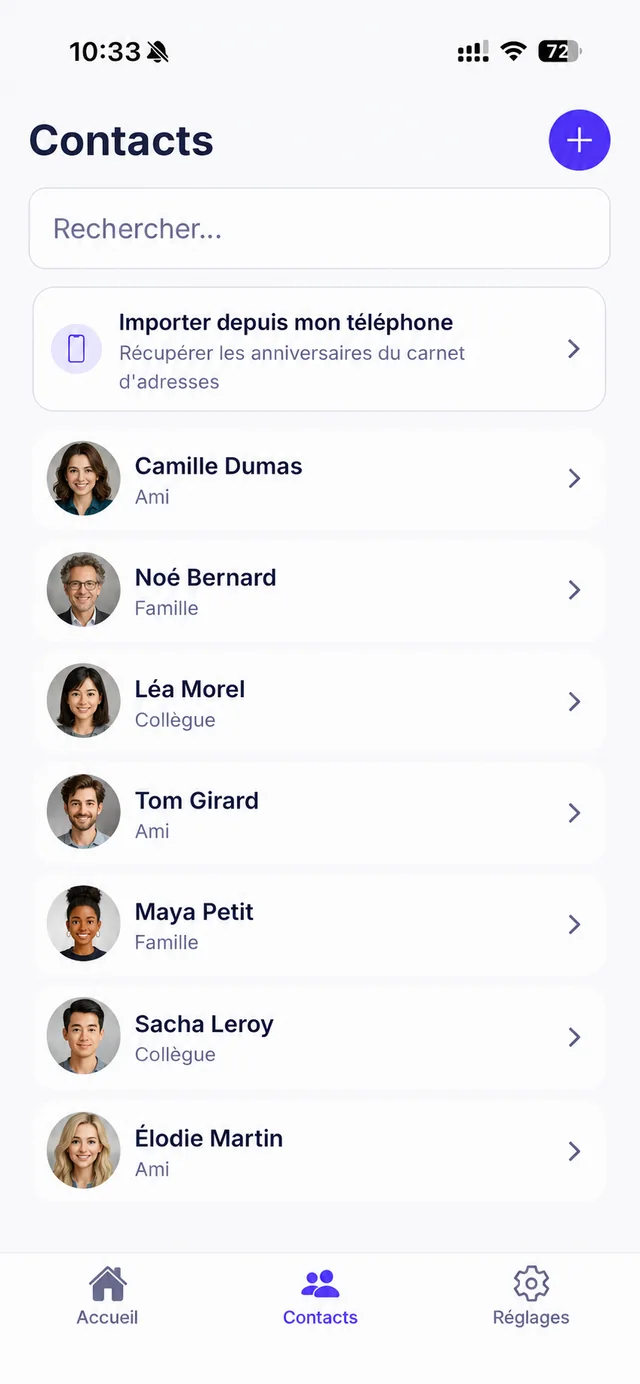Écran des contacts Birth Reminder avec des données de démonstration