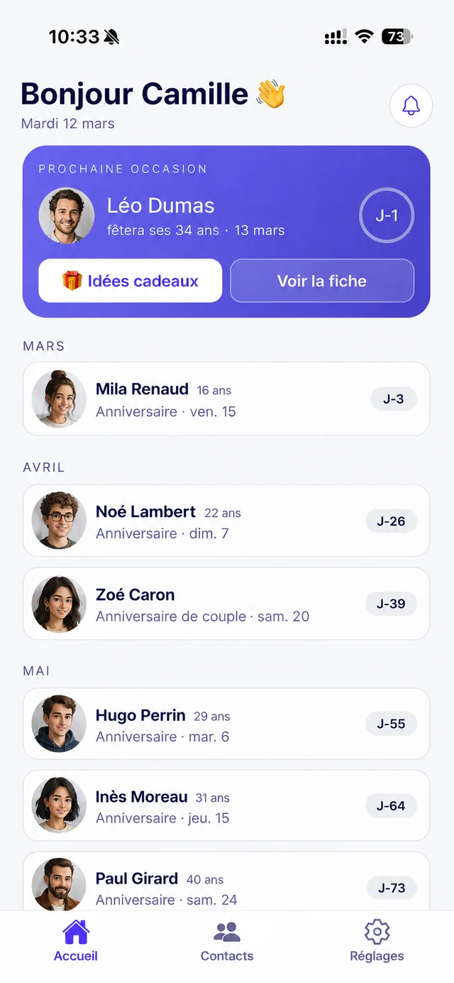 L'écran d'accueil de Birth Reminder : l'anniversaire du jour, puis les dates suivantes avec le nombre de jours restants