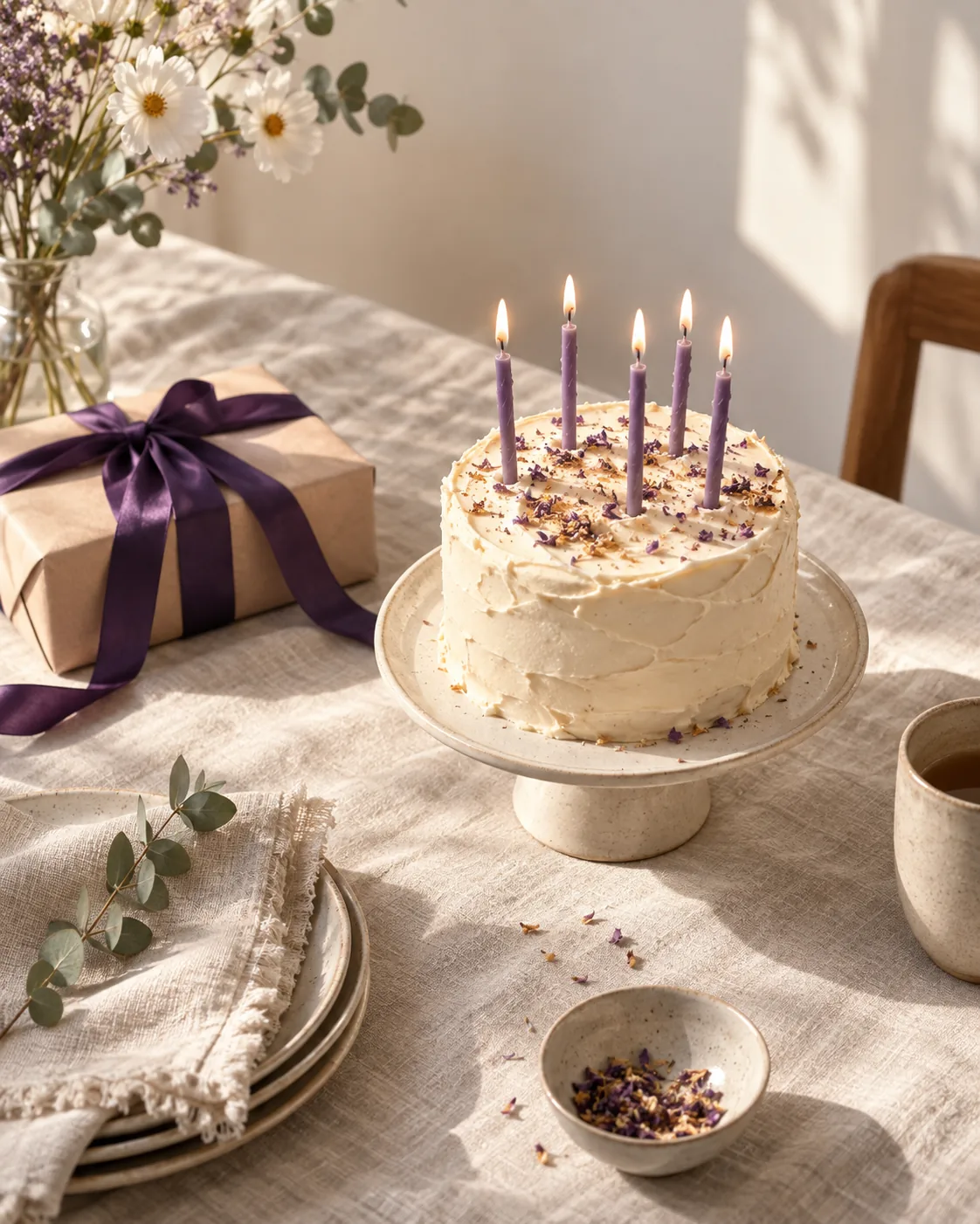 Une table d'anniversaire préparée avec un gâteau et des bougies violettes
